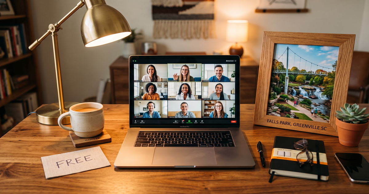 Laptop showing a Zoom recovery meeting with a framed photo of Greenville South Carolina Falls Park, free AA and NA meetings in Greenville