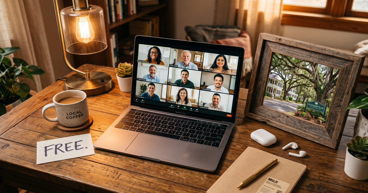 Laptop showing a Zoom recovery meeting with a framed photo of Summerville South Carolina, free AA and NA meetings in Summerville