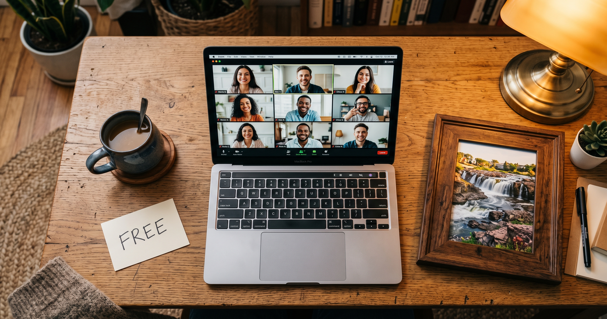 Laptop showing a Zoom recovery meeting with a framed photo of Sioux Falls South Dakota waterfall, free AA and NA meetings in Sioux Falls