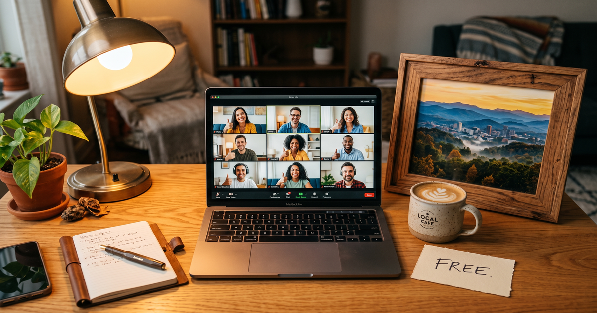 Laptop showing a Zoom recovery meeting with a framed photo of Knoxville Tennessee smoky mountains, free AA and NA meetings in Knoxville