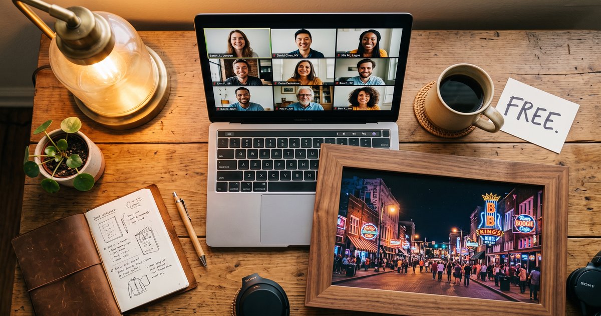 Laptop showing a Zoom recovery meeting with a framed photo of Memphis Beale Street, free AA and NA meetings in Memphis