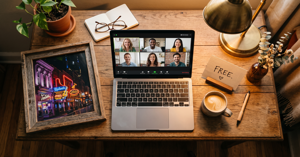 Laptop showing a Zoom recovery meeting with a framed photo of Nashville Broadway neon signs, free AA and NA meetings in Nashville