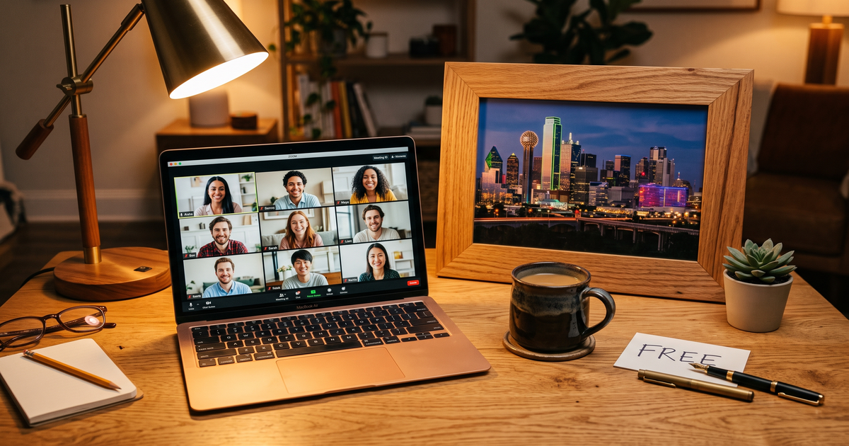 Laptop showing a Zoom recovery meeting with a framed photo of Dallas skyline at night, free AA and NA meetings in Dallas