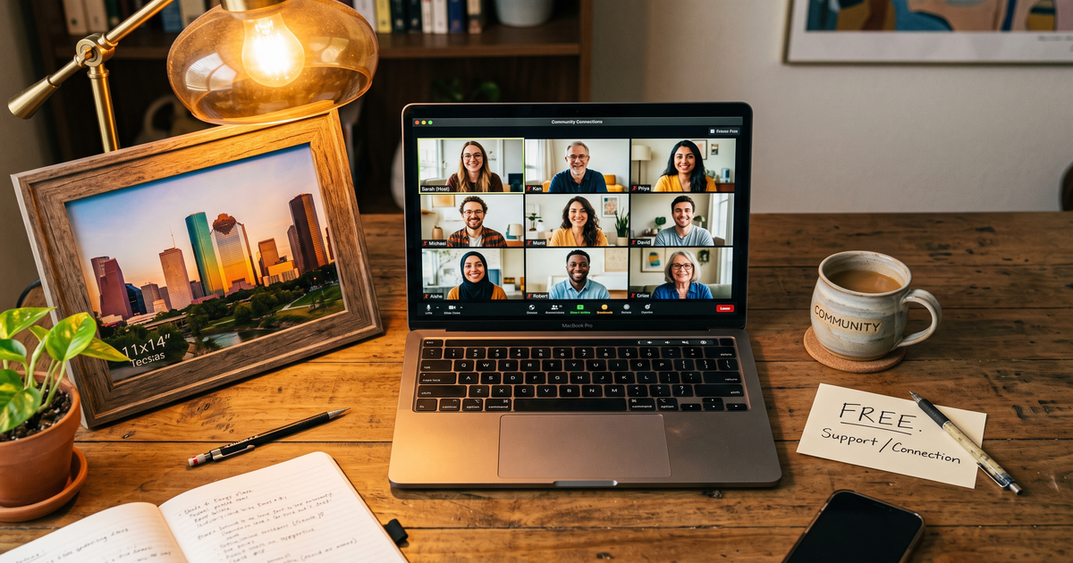 Laptop showing a Zoom recovery meeting with a framed photo of Houston Texas skyline, free AA and NA meetings in Houston
