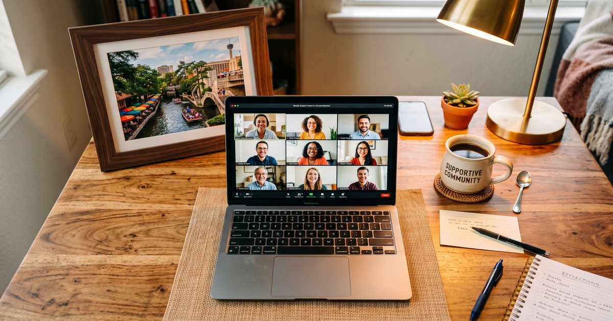 Laptop showing a Zoom recovery meeting with a framed photo of San Antonio River Walk, free AA and NA meetings in San Antonio