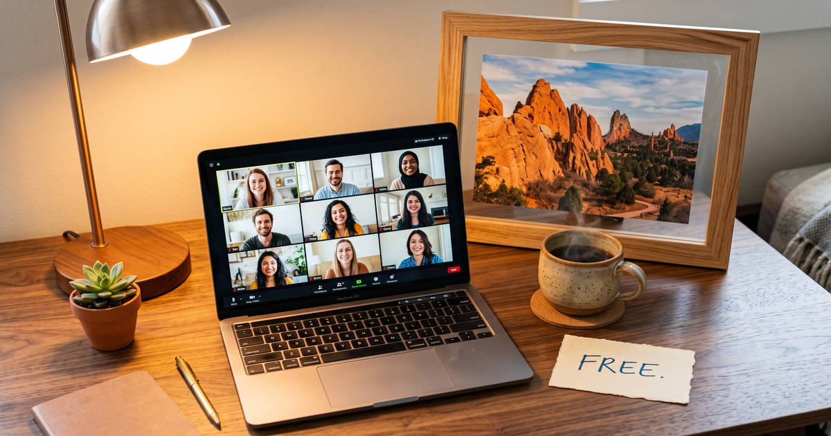 Laptop showing a Zoom recovery meeting with a framed photo of St George Utah red rocks, free AA and NA meetings in St George