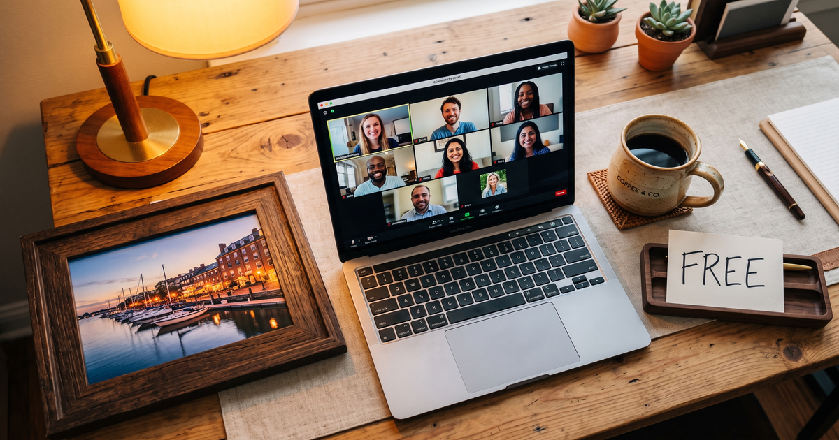 Laptop showing a Zoom recovery meeting with a framed photo of Old Town Alexandria waterfront, free AA and NA meetings in Alexandria