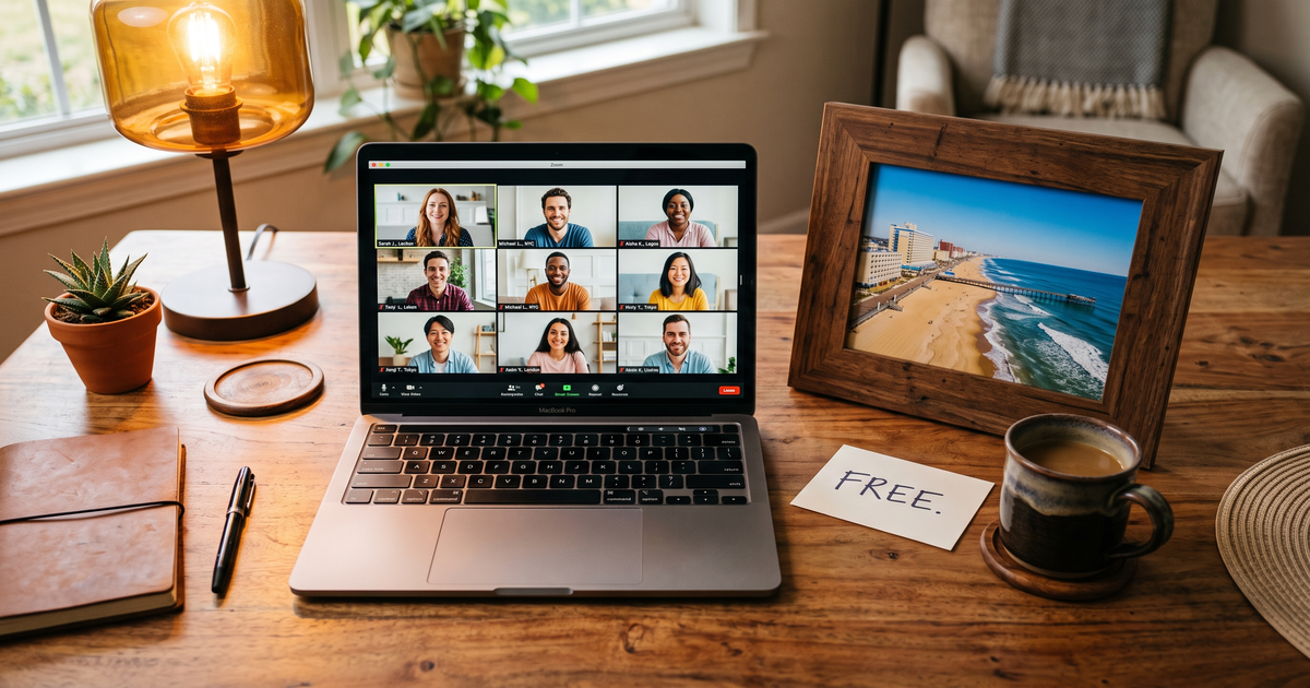 Laptop showing a Zoom recovery meeting with a framed photo of Virginia Beach oceanfront, free AA and NA meetings in Virginia Beach