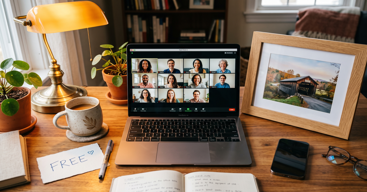 Laptop showing a Zoom recovery meeting with a framed photo of Bennington Vermont covered bridge, free AA and NA meetings in Bennington