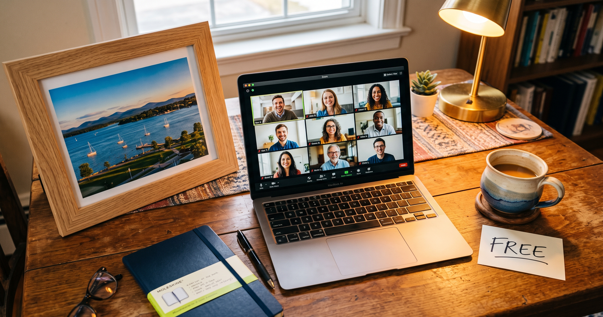 Laptop showing a Zoom recovery meeting with a framed photo of Burlington Vermont Lake Champlain, free AA and NA meetings in Burlington