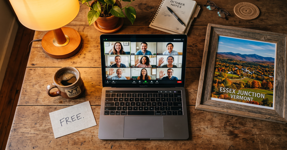 Laptop showing a Zoom recovery meeting with a framed photo of Essex Junction Vermont, free AA and NA meetings in Essex Junction