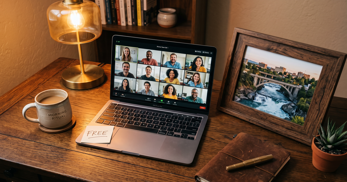 Laptop showing a Zoom recovery meeting with a framed photo of Spokane Falls Washington, free AA and NA meetings in Spokane