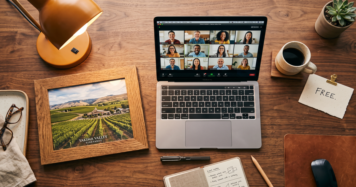 Laptop showing a Zoom recovery meeting with a framed photo of Yakima Valley vineyards, free AA and NA meetings in Yakima