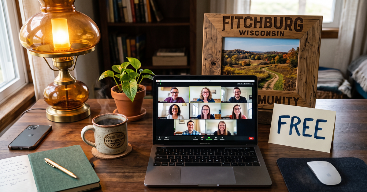 Laptop showing a Zoom recovery meeting with a framed photo of Fitchburg Wisconsin, free AA and NA meetings in Fitchburg