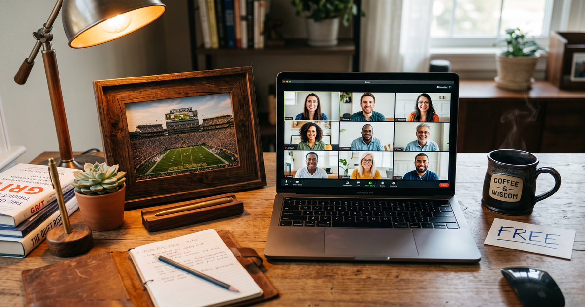 Laptop showing a Zoom recovery meeting with a framed photo of Lambeau Field Green Bay, free AA and NA meetings in Green Bay