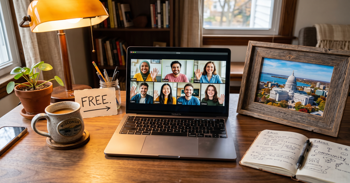 Laptop showing a Zoom recovery meeting with a framed photo of Madison Wisconsin Capitol and lakes, free AA and NA meetings in Madison