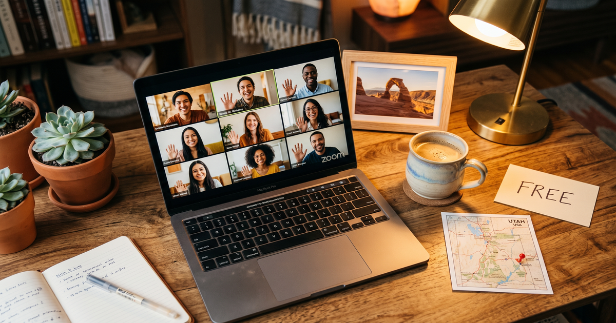 Laptop showing a Zoom recovery meeting next to a map of Utah with a pin and a framed photo of Arches National Park, free AA and NA meetings across Utah