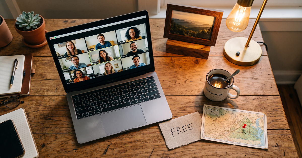Laptop showing a Zoom recovery meeting next to a map of Virginia with a pin and a framed photo of Blue Ridge Mountains, free AA and NA meetings across Virginia
