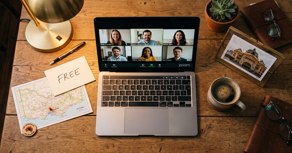 Laptop showing a Zoom recovery meeting next to a map of Victoria with a pin on Melbourne and a framed photo of Flinders Street Station, free AA and NA meetings across Victoria