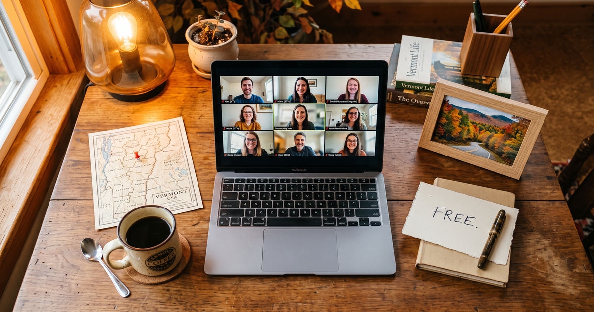 Laptop showing a Zoom recovery meeting next to a map of Vermont with a pin and a framed photo of autumn foliage, free AA and NA meetings across Vermont