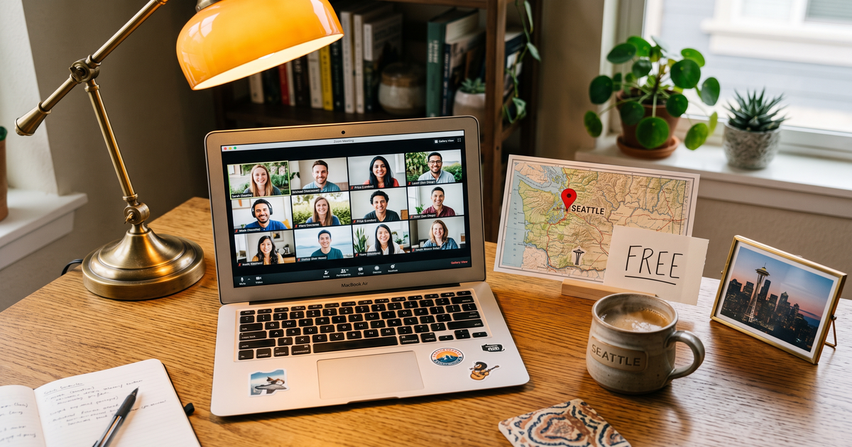 Laptop showing a Zoom recovery meeting next to a map of Washington with a pin and a framed photo of Seattle Space Needle, free AA and NA meetings across Washington