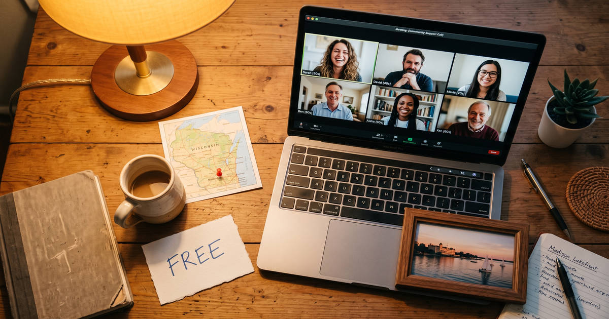 Laptop showing a Zoom recovery meeting next to a map of Wisconsin with a pin and a framed photo of Madison lakefront, free AA and NA meetings across Wisconsin
