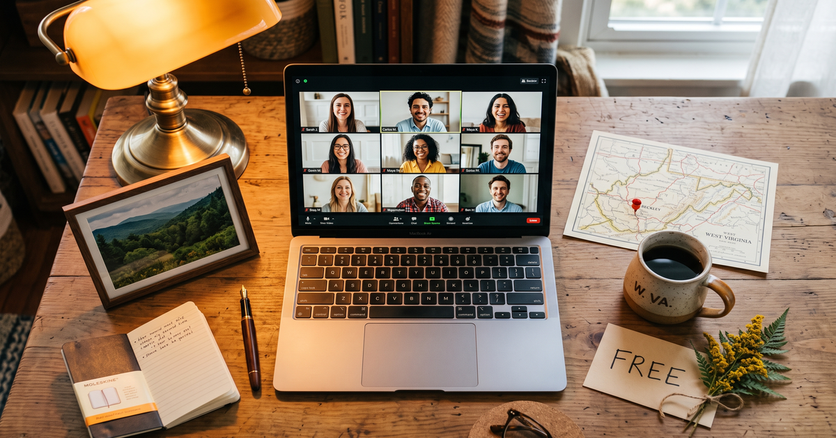 Laptop showing a Zoom recovery meeting next to a map of West Virginia with a pin and a framed photo of Appalachian forest, free AA and NA meetings across West Virginia