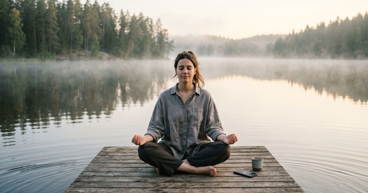 Person sitting quietly by still water at sunrise — a calm moment during a dopamine detox
