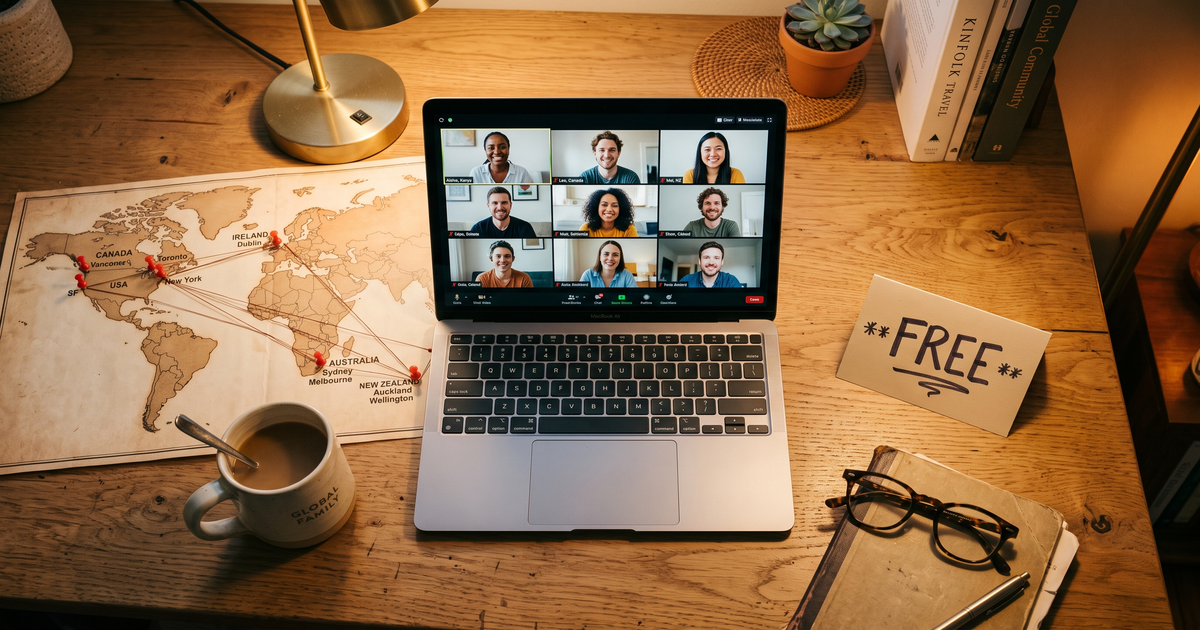 Laptop showing a Zoom meeting with diverse participants next to a world map pinned with USA, Australia, Canada, Ireland, and New Zealand: free online AA and NA recovery meetings available globally