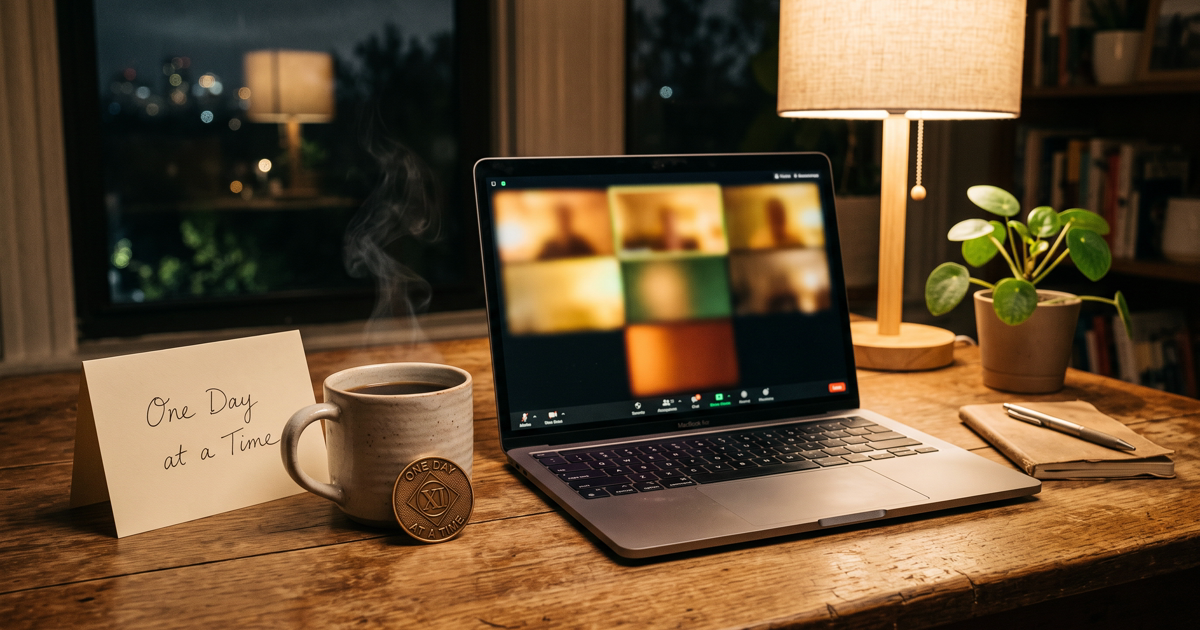 A warm cozy scene with a laptop glowing softly suggesting someone is about to join an online AA meeting: representing accessible Alcoholics Anonymous Zoom meetings available 24/7