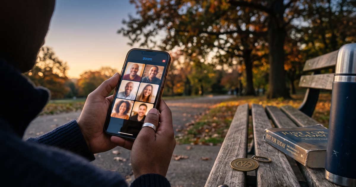 Hands holding a phone showing a Zoom meeting at dawn: representing online Narcotics Anonymous meetings available worldwide around the clock