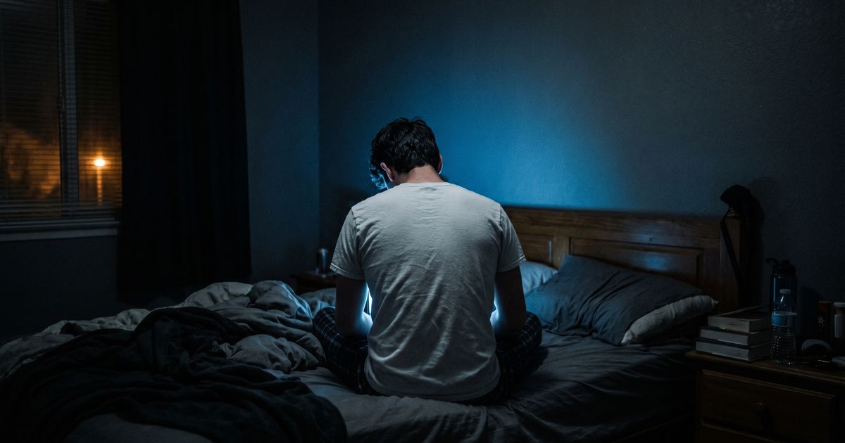Person sitting alone in a dimly lit room with the glow of a screen reflecting on their face