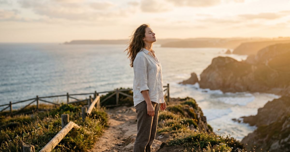 Person breathing deeply outdoors at golden hour — the quiet relief of putting the vape down