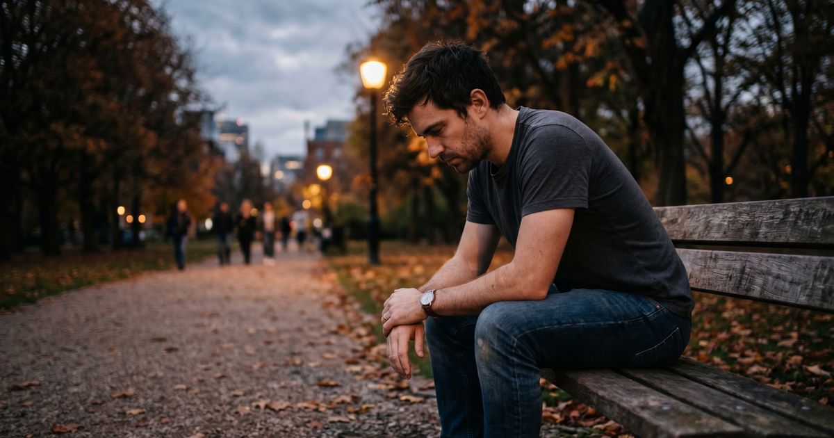 Person sitting alone on a park bench at dusk, thinking — the quiet moment before deciding to quit